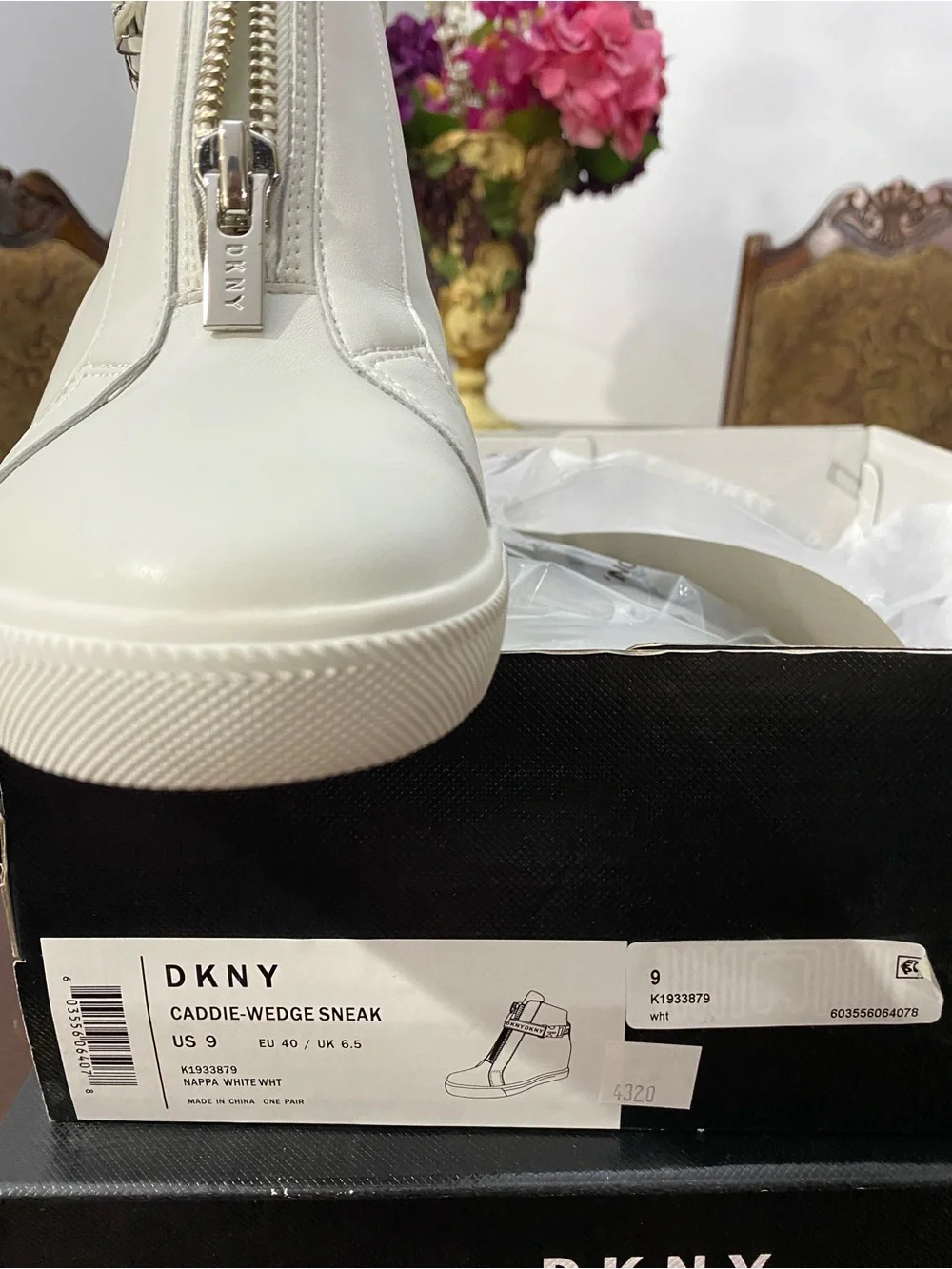 DKNY White Leather Wedge Sneaker Boot with Branded Strap